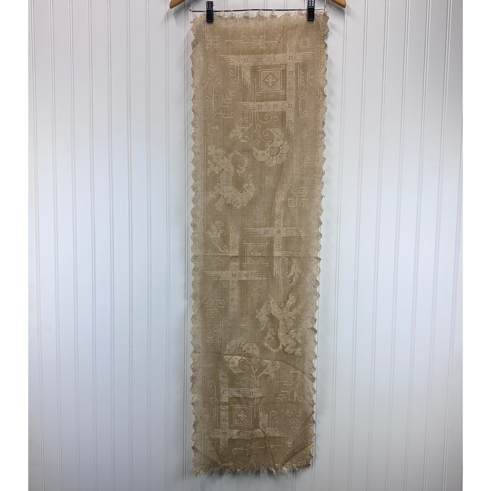 Handcrafted Crochet Filet Dresser Scarf OS Tan Vintage Lace Runner Cottagecore